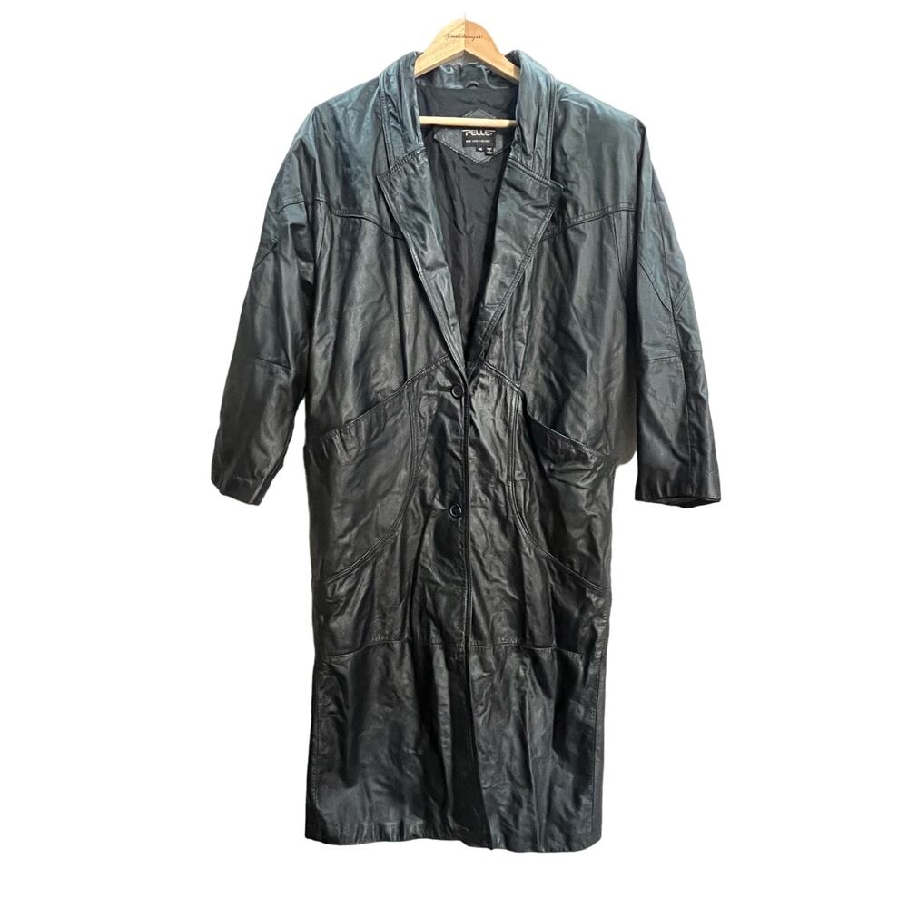 Pelle New York Milano Leather Trench Coat Black Jacket Size Medium